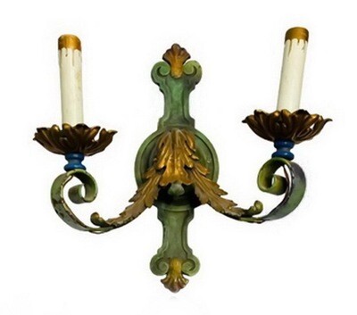 2 French Iron Brass Acanthus Leaf Two Arm Wall Sconces