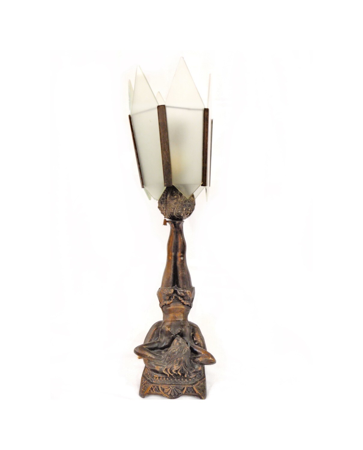 Rare Art Deco Acrobat Lady Lamp with Glass Panel Shade