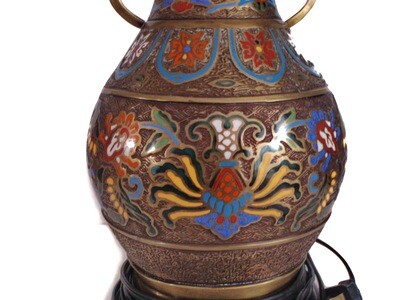 Beautiful Asian Bronze Champleve Table Lamp Home Decor