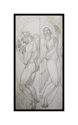 Antique Allegorical Drawing Heinrich Arad Schmidt Angel and Devil Scene