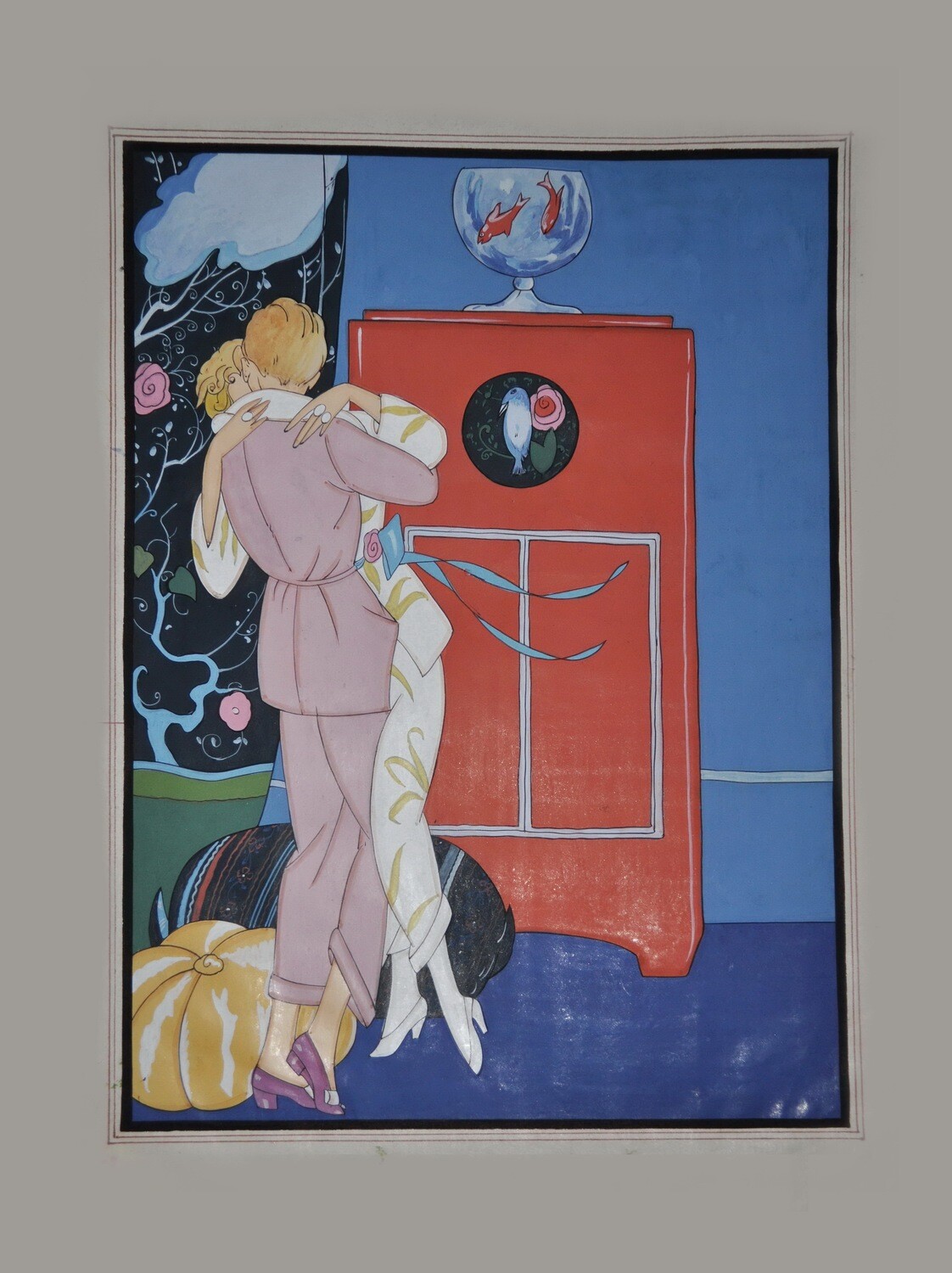 Art Deco Georges Barbier Lesbian Boudoir Watercolor Painting