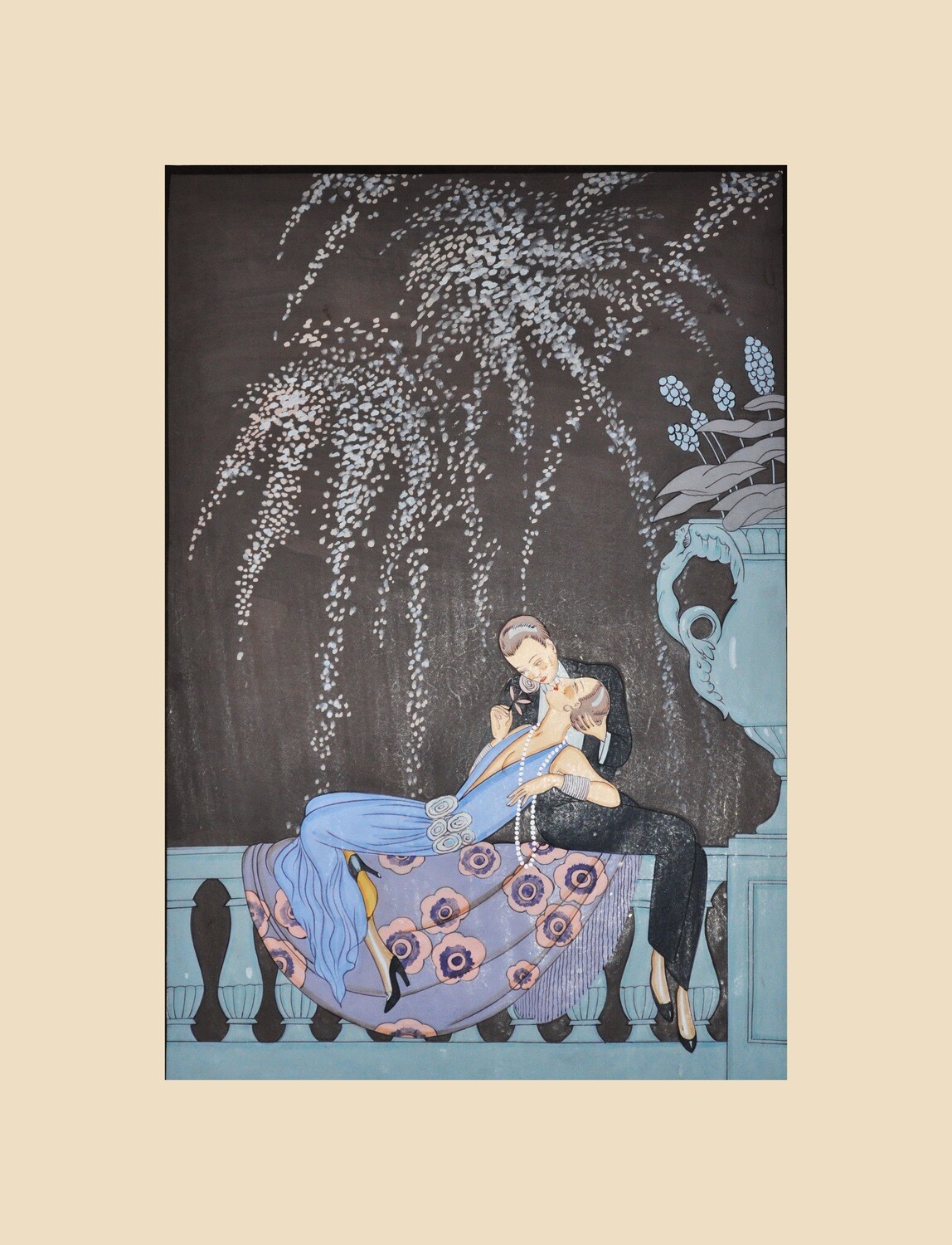 Art Deco Georges Barbier Romantic Couple Fireworks Watercolor