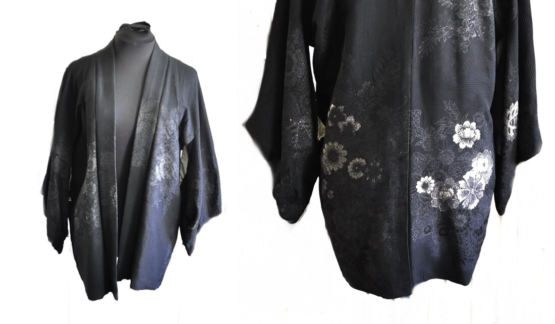 Black Haori Kimono Jacket Robe Gold Silver Embroidery