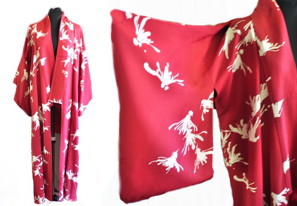 Vtg Bold Red Full Length Kimono Dressing Gown Robe
