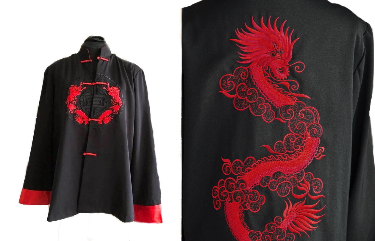 VTG Asian Black Silk and Red Dragon Dress Coat Jacket