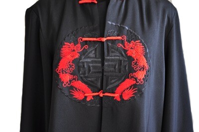 VTG Asian Black Silk and Red Dragon Dress Coat Jacket