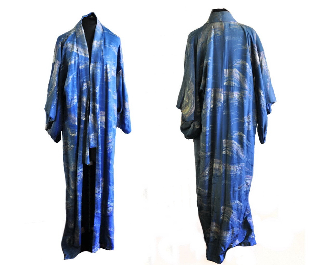 Vtg Blue Urushi Lame Kimono Full Length Dressing Gown Robe