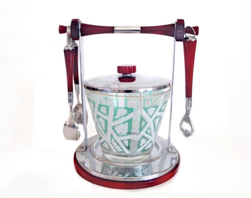 MCM Glo-Hill Chrome Red Bakelite Ice Bucket Barware Set