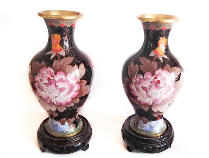 2 Beautiful Vintage Cloisonne Vases on Original Stand 8 Inches Each