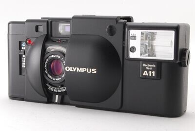 Vintage 80s Olympus XA Camera and Flash in Case