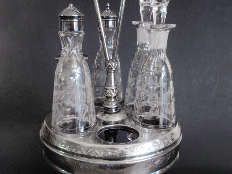 Antique Meriden Castor with 6 Etched Glass Bottles