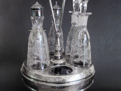Antique Meriden Castor with 6 Etched Glass Bottles