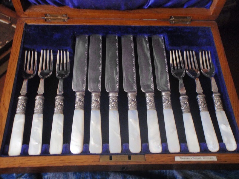 1800s Maleham Yeomans MOP Dessert Cutlery Set for 6