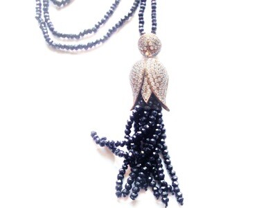 Art Deco Jet and Crystal Flower Long Necklace