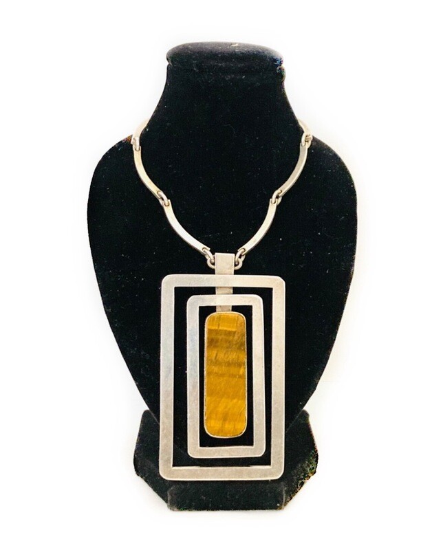 RARE Taxco Mexico Silver Tiger Eye Pendant and Chain