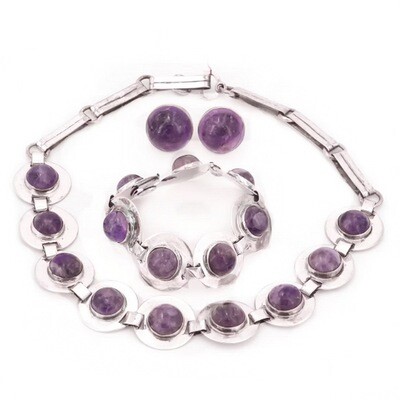 3 Pc Taxco Amethyst Silver Necklace Bracelet Earrings Parure
