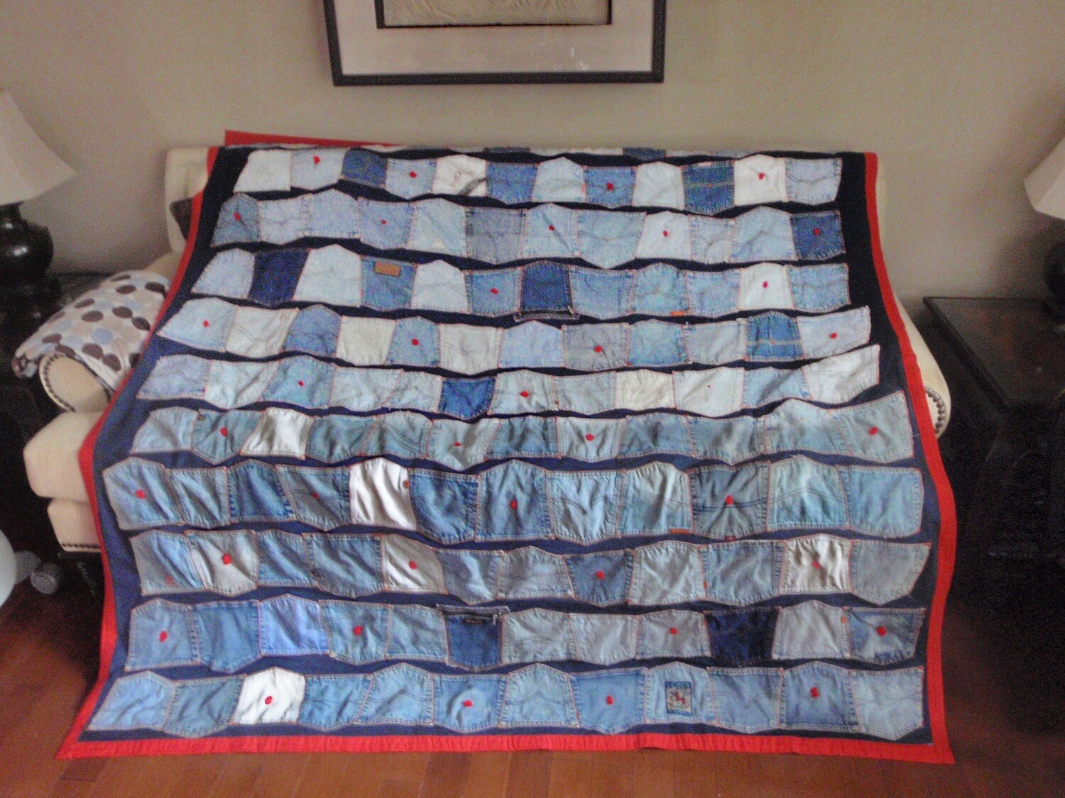 LARGE 74 x 74 Blue Jean Denim Pocket Quilt Throw Blanket