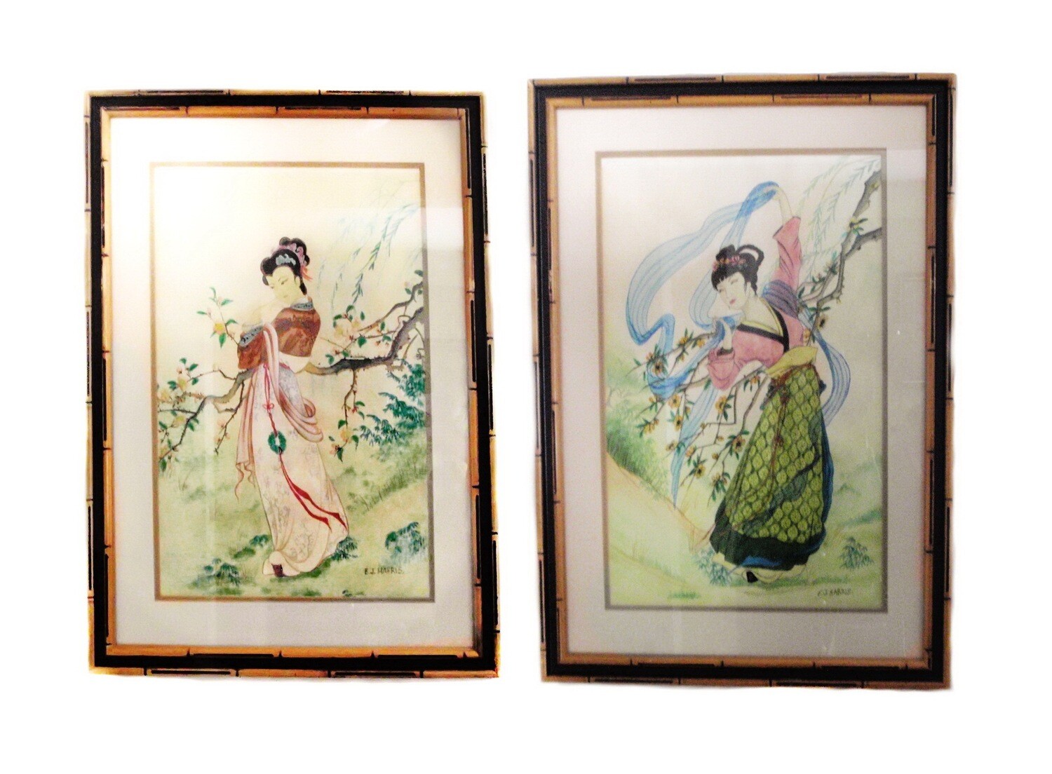 2 Vintage Geisha Watercolor Framed Signed Paintings