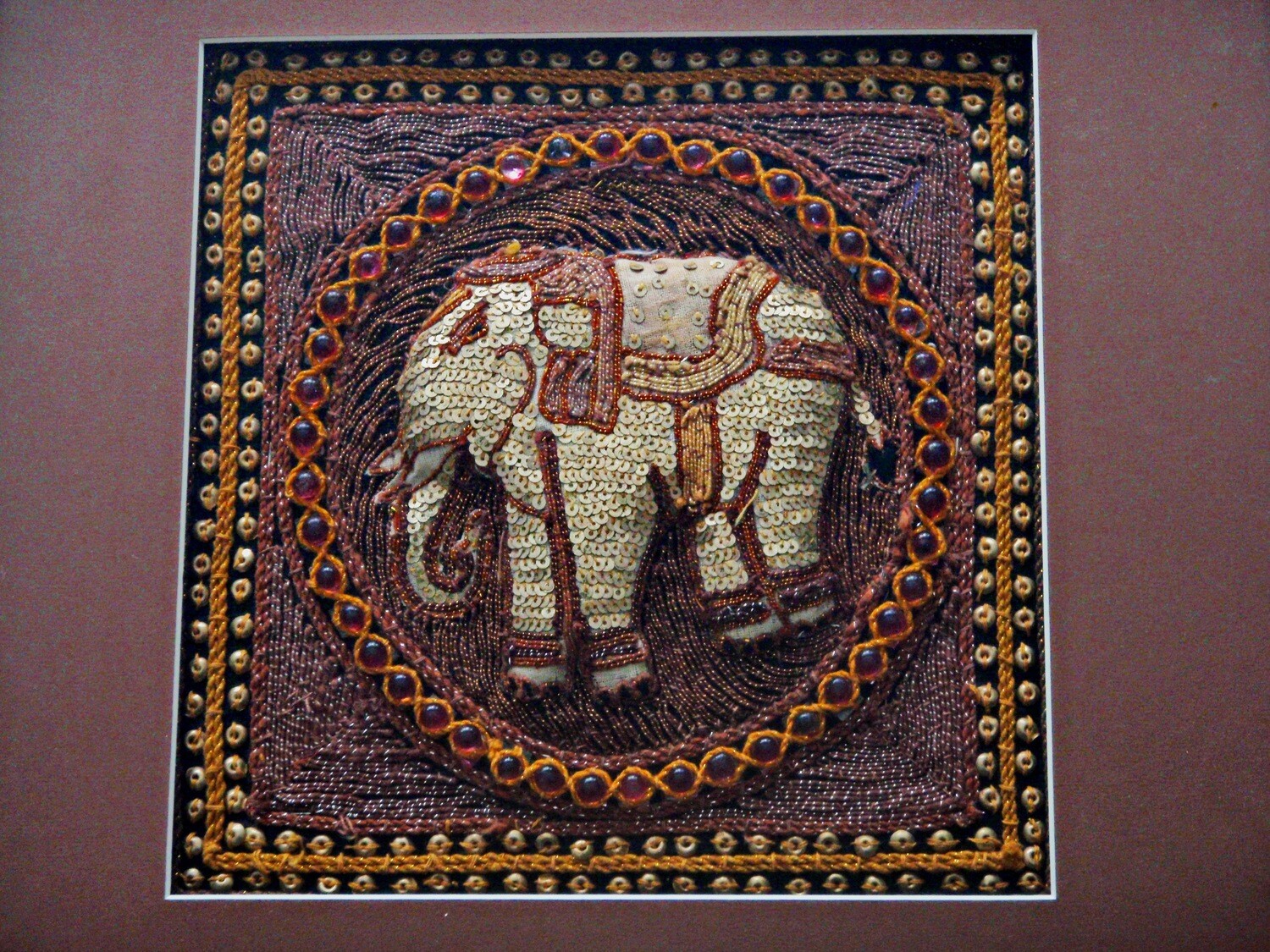 Vtg Kalaga Burmese Framed Elephant Tapestry Glass and Brass