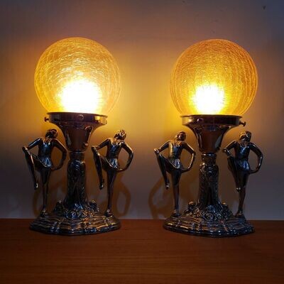 Pair Art Deco Silvered Dancing Girls Table Lamps