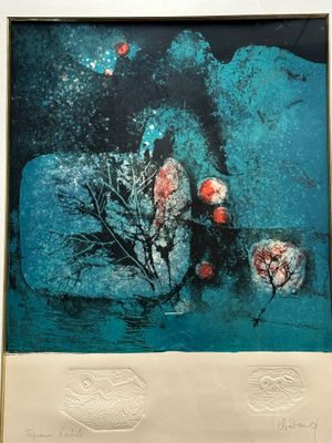 Hoi Lebadang Flower Trees in Moonlight Sgd Framed Wall Art 1960s