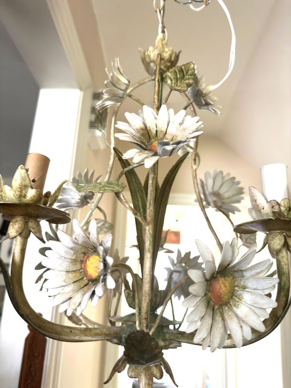 French 3 Arm Daisy Tole Chandelier Toleware Cottage Chic