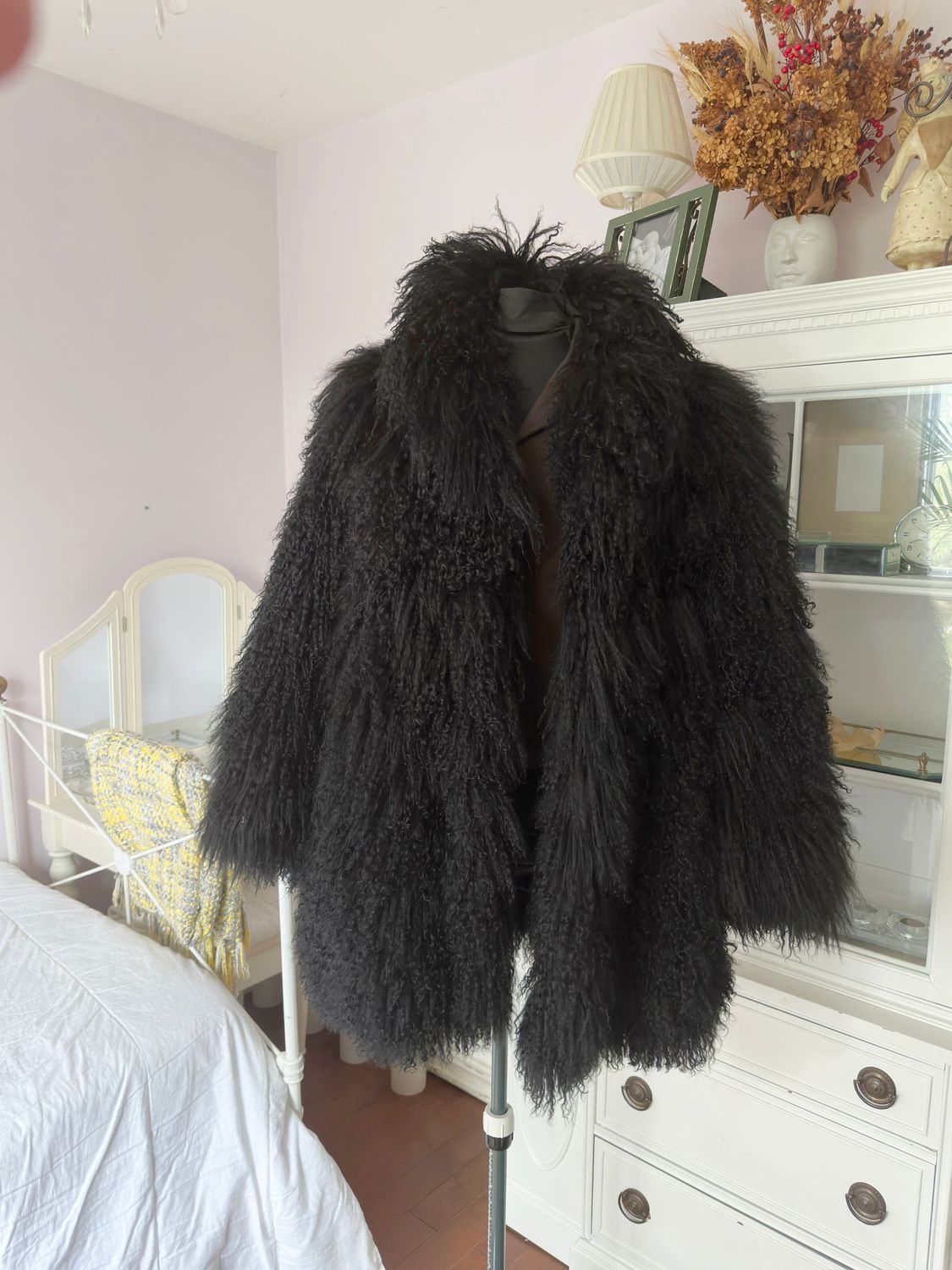 80s Black Mongolian Unisex Shaggy Lamb Fur Coat