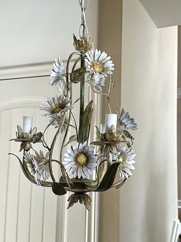 French 3 Arm Daisy Tole Chandelier Toleware Cottage Chic