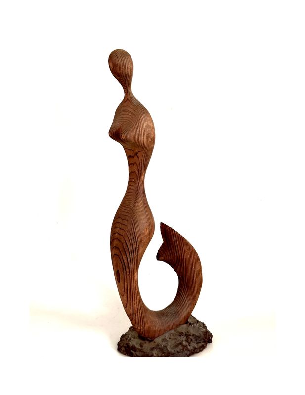 RARE Hand Carved MCM Teak Mermaid Statue 