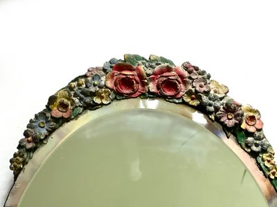 Art Deco  Barbola Floral Swag 13 Inch Table Mirror