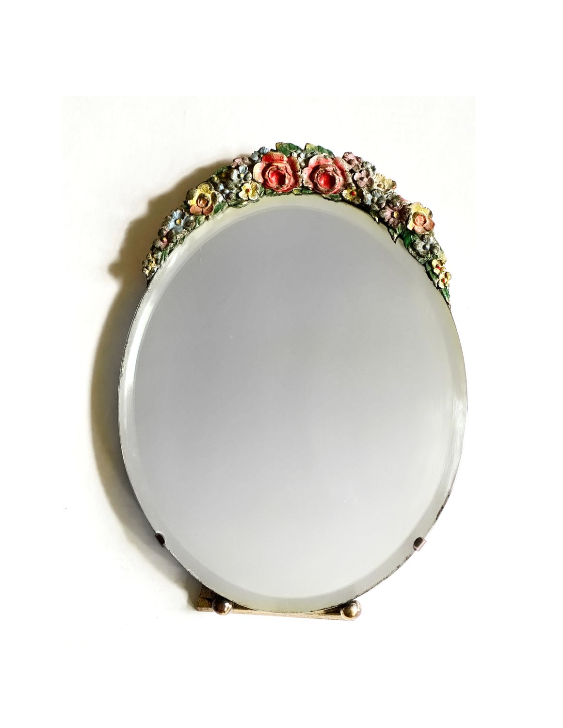 Art Deco  Barbola Floral Swag 13 Inch Table Mirror