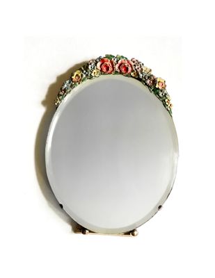 Art Deco  Barbola Floral Swag 13 Inch Table Mirror