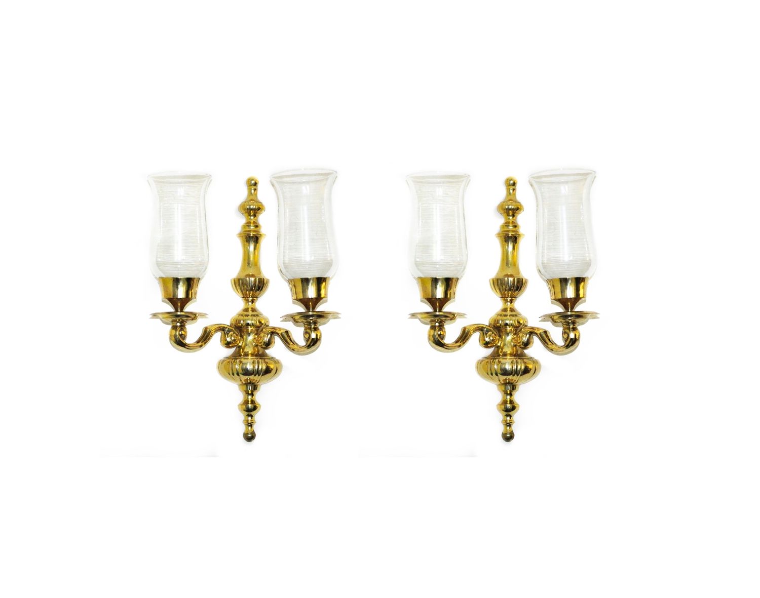 MCM Pair Solid Brass Hurricane Shade Double Candle Sconces