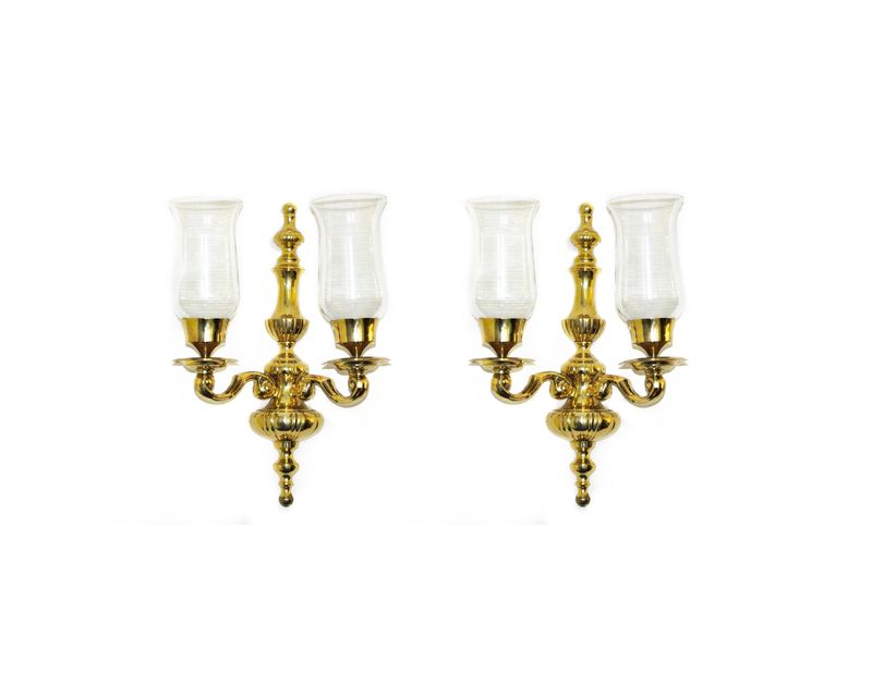 MCM Pair Solid Brass Hurricane Shade Double Candle Sconces