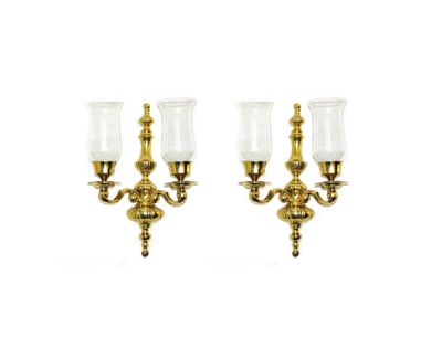 MCM Pair Solid Brass Hurricane Shade Double Candle Sconces
