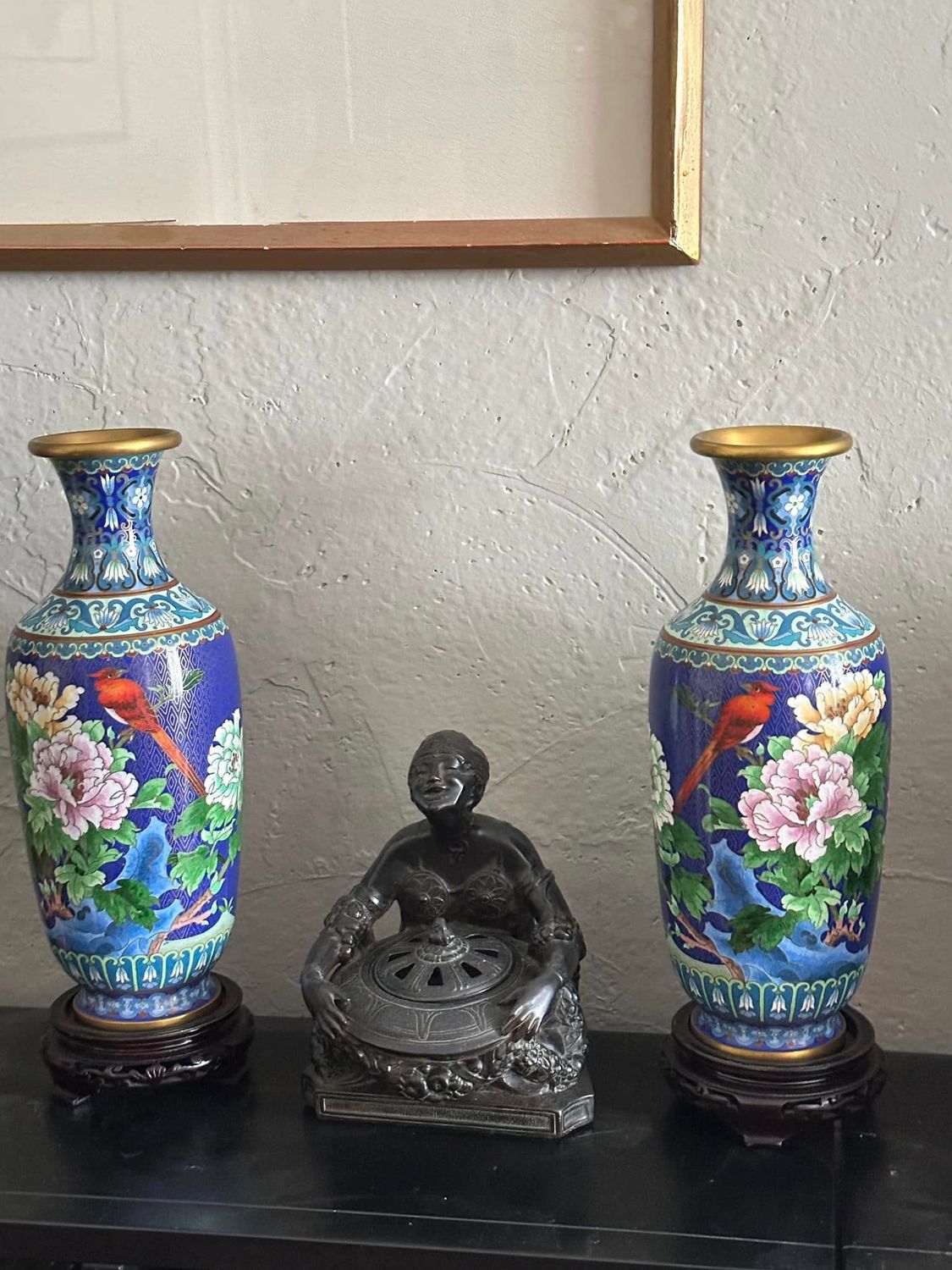 Vtg Pair 12 Inch Mirrored Cloisonne Chrysanthemum Red Bird Vases