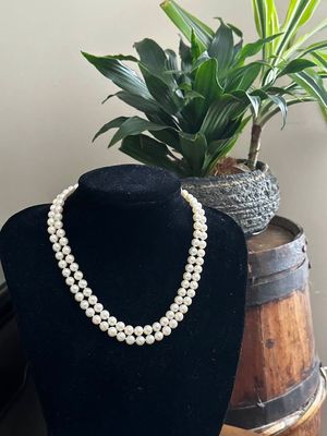 Double Strand Ivory Cream 6.5 - 7 mm Pearl Necklace 14k Bow Clasp