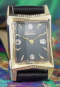 1940s Elgin Dress Watch Green Dial Diamond Hour Fancy Lugs