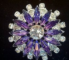 Vintage Marquis Amethyst Round Clear Rhinestone Brooch