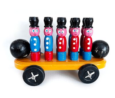 Vtg Skittles Bowling Pins Game on Cart with Balls