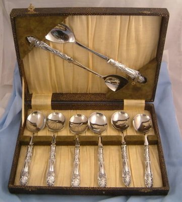 Art Deco Silver 6 Spoons Dessert Set Sheffield 1931 V.B. Vickers Servers