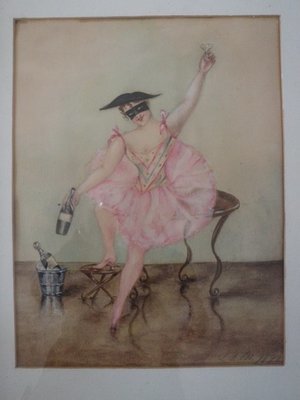 1893 Signed French Avant Garde Harlequin Mardi Gras Party Watercolor Painting