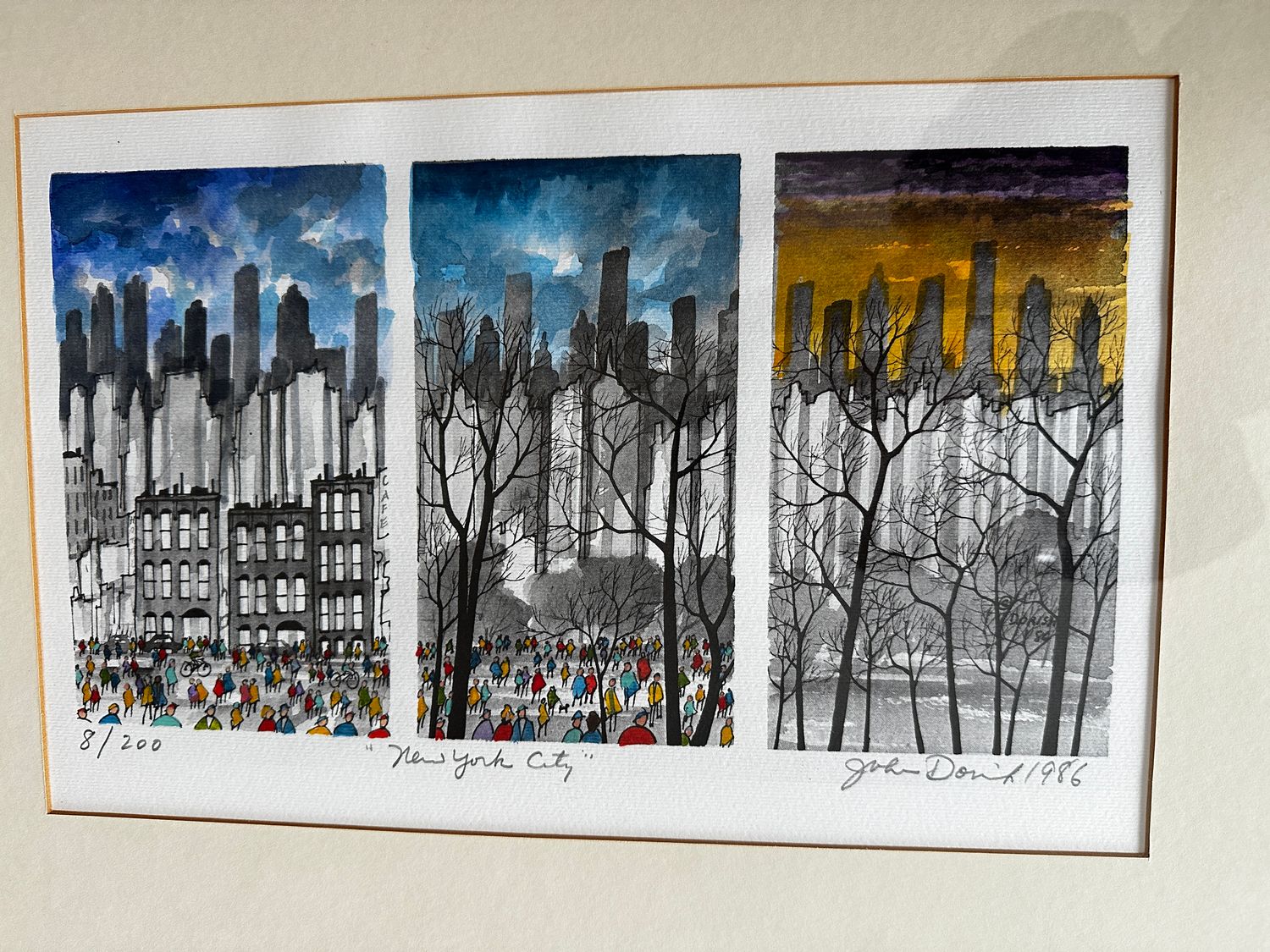 John Dorish New York City Signed Print Framed in Silver Metal, 1986 Dorish Tri-Panel New York City Framed NYC Modern Contemporary Art