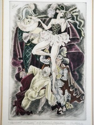 Art Deco Kurt Hilscher Hand Colored Venice Carnival Litho Framed