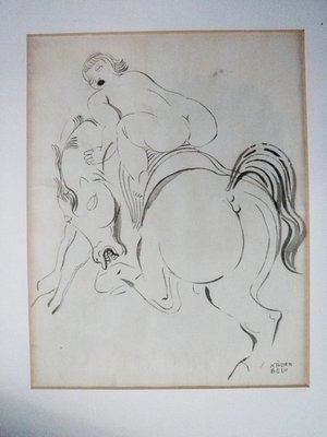 RARE Bela Kadar Signed Erotic Nude on Horse India Ink Drawing