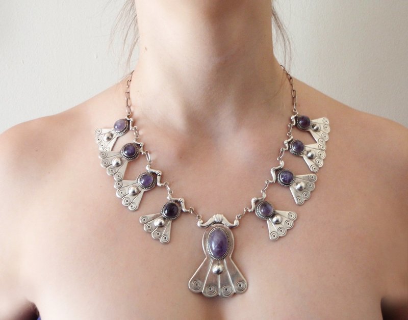 Pre 1948 Taxco Amethyst Repousse 19 In Dangle Necklace 100 Grams