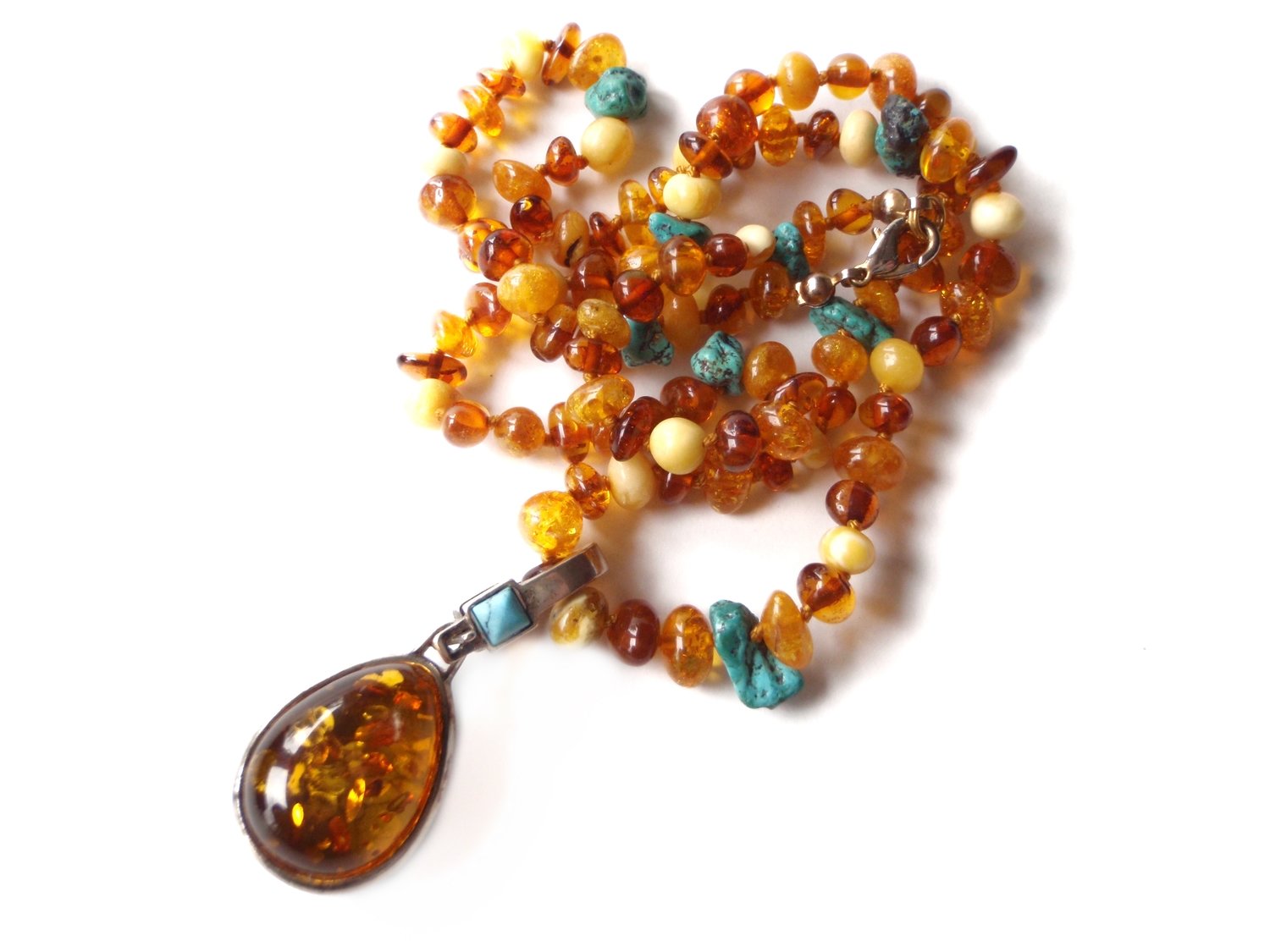 Silver Turquoise and Amber Reversible Pendant Necklace Duo