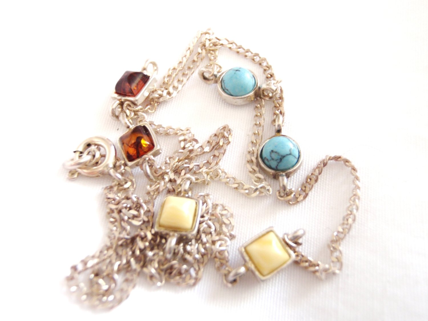 Vintage Turquoise Amber Silver Station Necklace