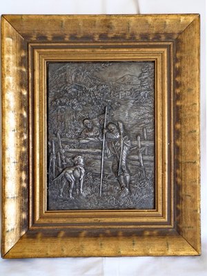 Antique Framed Metal Art Folk Bas Relief Country Life Hunting Germanic