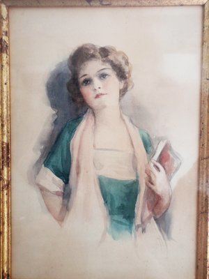 Demure 1920's Young Lady Watercolor Painting Framed